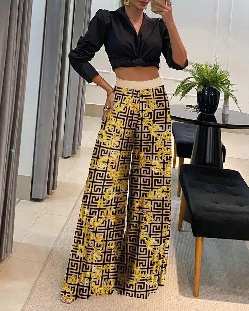 Women's Fashionable Printed Loose Pants, Elegant Wide Leg And Elastic Waist Clothing, Novel Autumn Pantalones De Mujer