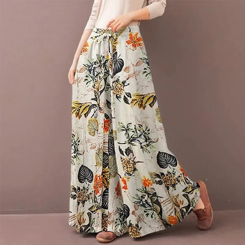 Retro Women Printing Wide Leg Pants Spring Autumn Fashion Drawstring Elastic Waist Trousers Ladies Casual Loose Pocket Pantalon