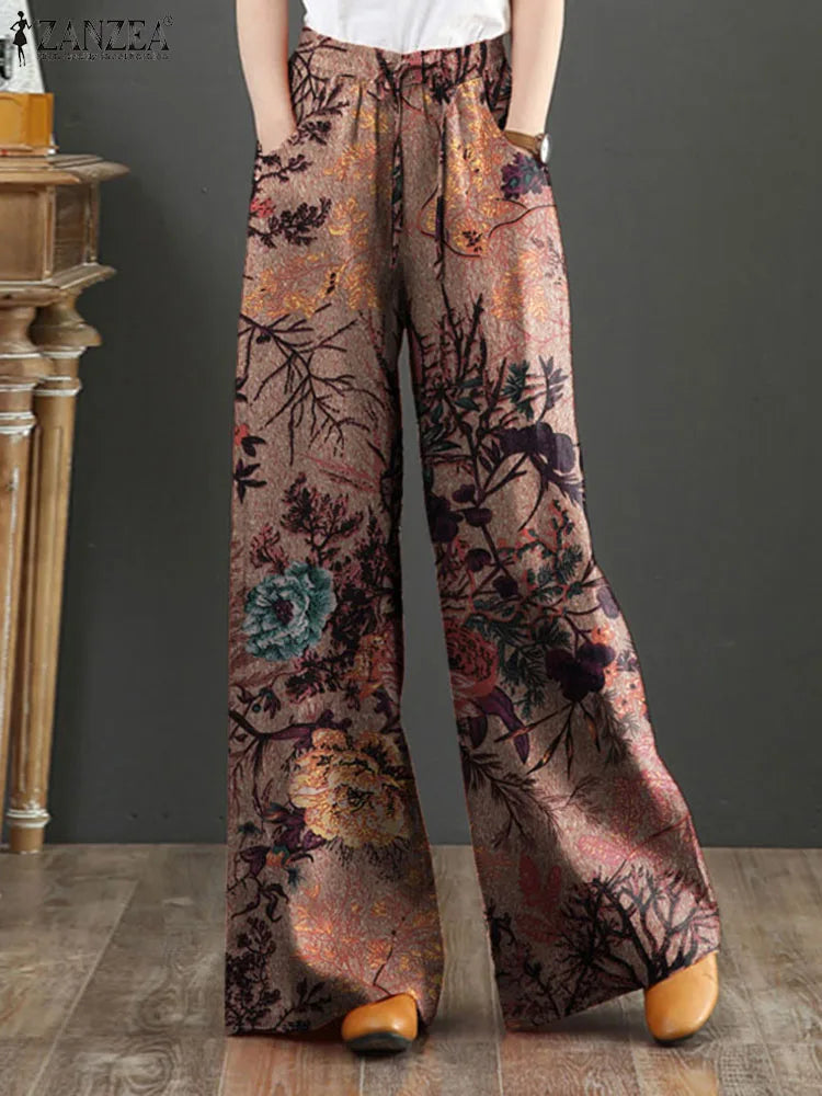 Women Vintage Floral Printed Wide Leg Pants Autumn Trousers Casual Elastic Waist Loose Palazzo Bohemian Holiday Pantalon