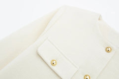 Women Elegant Cropped Jacket 2024 Women's Fashion Jacket O-Neck Long Sleeved Flip Pocket Coat Female Casual Outwear Tops