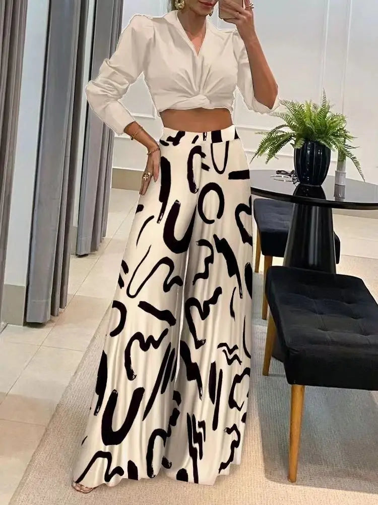 Women's Fashionable Printed Loose Pants, Elegant Wide Leg And Elastic Waist Clothing, Novel Autumn Pantalones De Mujer