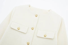 Women Elegant Cropped Jacket 2024 Women's Fashion Jacket O-Neck Long Sleeved Flip Pocket Coat Female Casual Outwear Tops