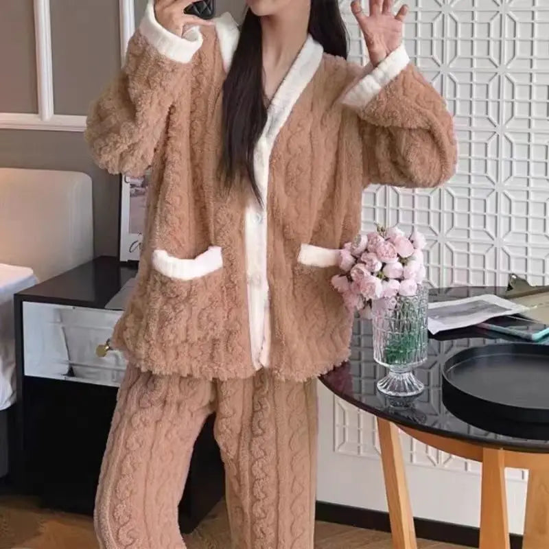 Women Velvet Pajama Set Fleecing Warm Loose Top And Elastic Waist Pants Home Casual Warm Woolen Suit Women 2023 Autumn Winter