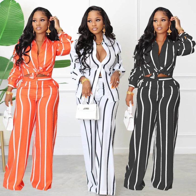 Women 2 Pieces Set Striped Shirt & Wide Leg Pants Set Clothes Suit Long Sleeve Casual Flower Shirts Streetwear Pants Set