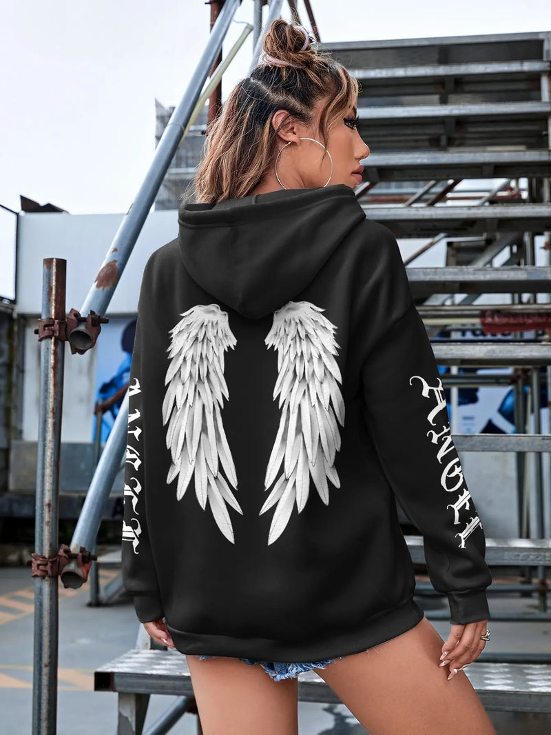 Angel Wings Personality Pattern Female Hoodies Harajuku Fleece Hoody Fashion Streetwear Loose Warm Breathable Women Casual Tops