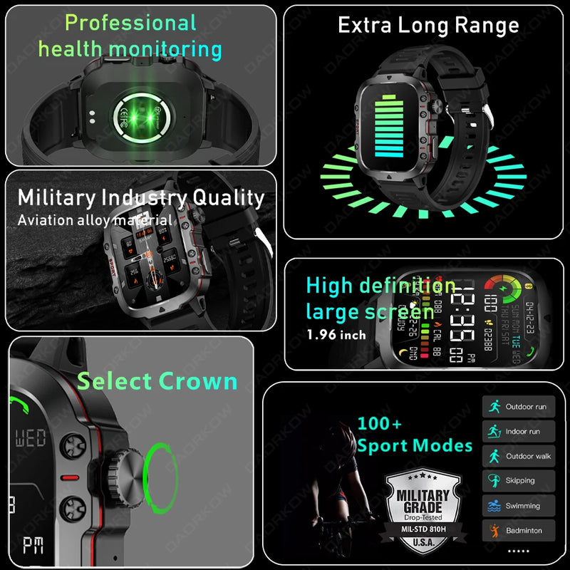 Military smartwatch men's outdoor sturdy appearance sports and fitness tracker 24H health monitor 1.96-inch smartwatch