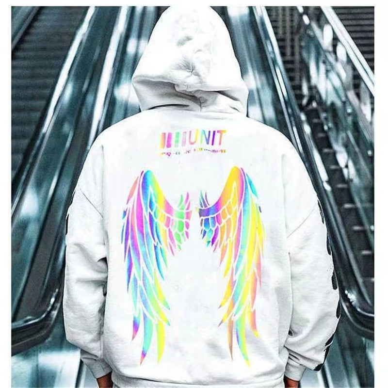 Spring Hip Hop Streetwear Harajuku Reflective Wing Printing Pullover Fashion Hooded Sweatshirt Male Clothing