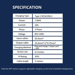 JIGU 7.6KW 32A Type 2 Electric Vehicle Charger – Car Charging Station, 7kW Wallbox EV Charger, WiFi & APP Control (220V, Single Phase)