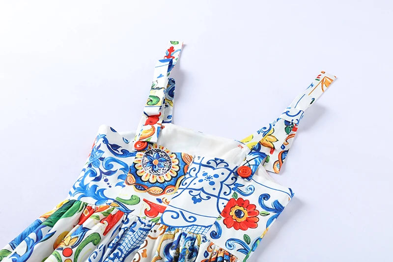 Runway Flower sexy Dress Summer 2024 Women's Bow Spaghetti Strap Sundress Blue And White Porcelain Floral Long Dress