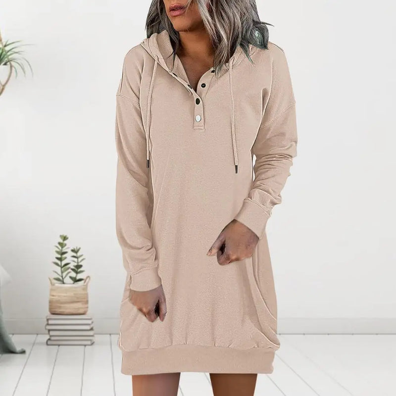 Women's Casual Hooded Dress Fall Long Sleeve Sweatshirt Button Down Neck Drawstring Pullovers Lightweight Hoodies Dress