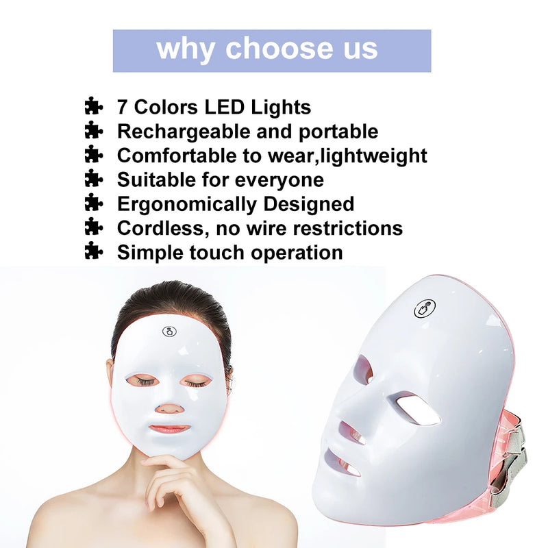 LED Facial Mask Photon Therapy Brightening 7 Colors Face Skin Rejuvenation Acne Care Shrinking Pores Anti-Wrinkle Home Facial