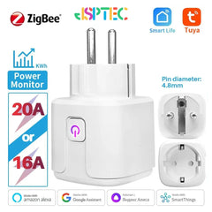 Tuya 20A Zigbee Smart Socket: High-Power EU Plug with Power Metering | Compatible with Zigbee2MQTT, ZHA, & SmartLife - Remote Voice Control for Heavy Appliances