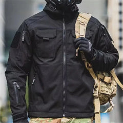 Tactical Hooded Jackets Men Thicken Soft Shell Waterproof Windproof Mens Coat Outdoor Hiking Safari Multi-pocket Fleece Outwear