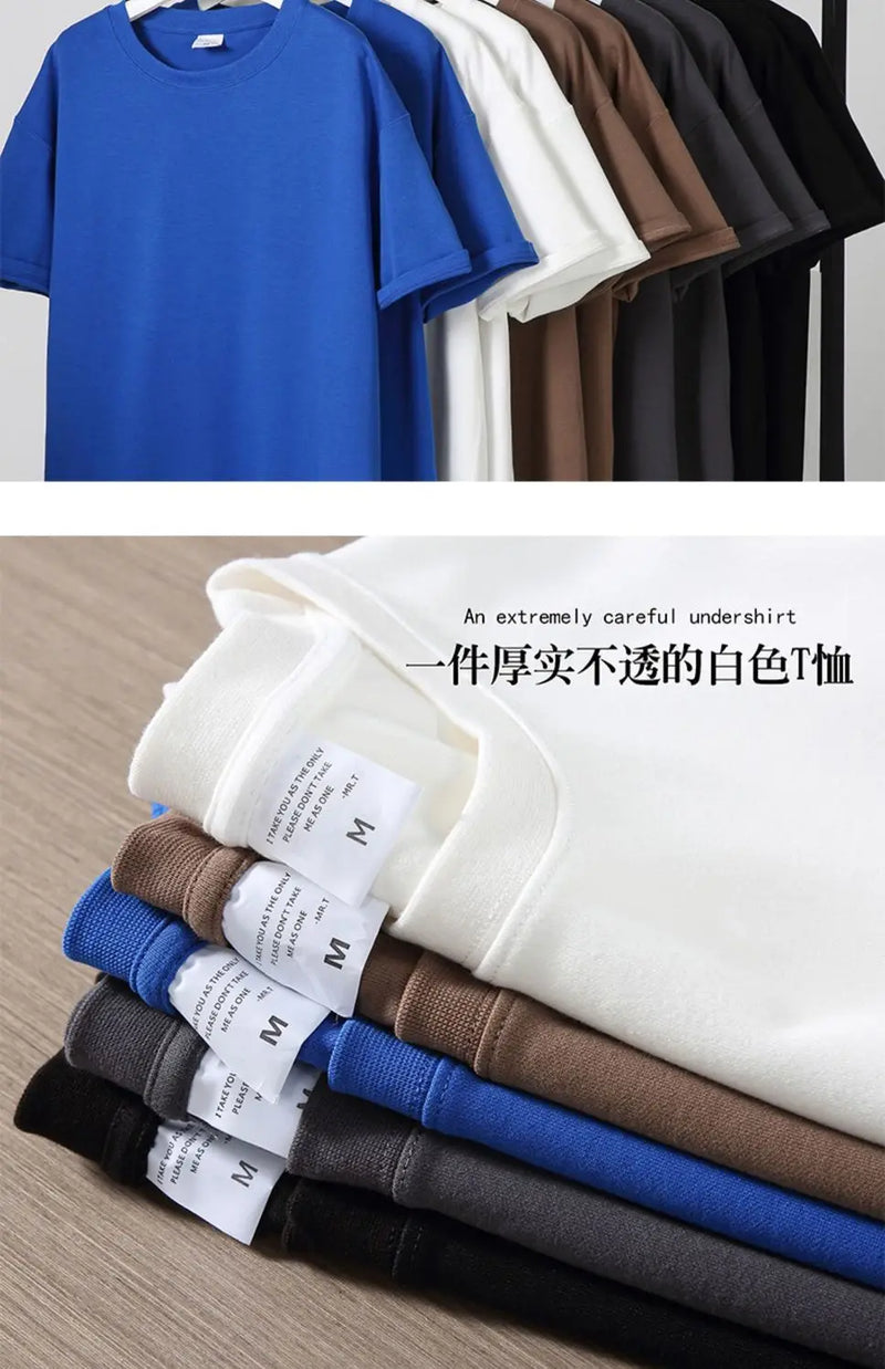 Black White GSM 500g Heavy-duty Pure Cotton T-shirt Thickened Threaded Round Neck Short Sleeves Three Needle Half Sleeve Tees