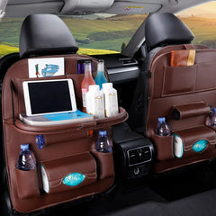 Premium PU Leather Car Seat Back Organizer with Foldable Table Tray – Multi-Pocket Storage & Kick Mat Protection