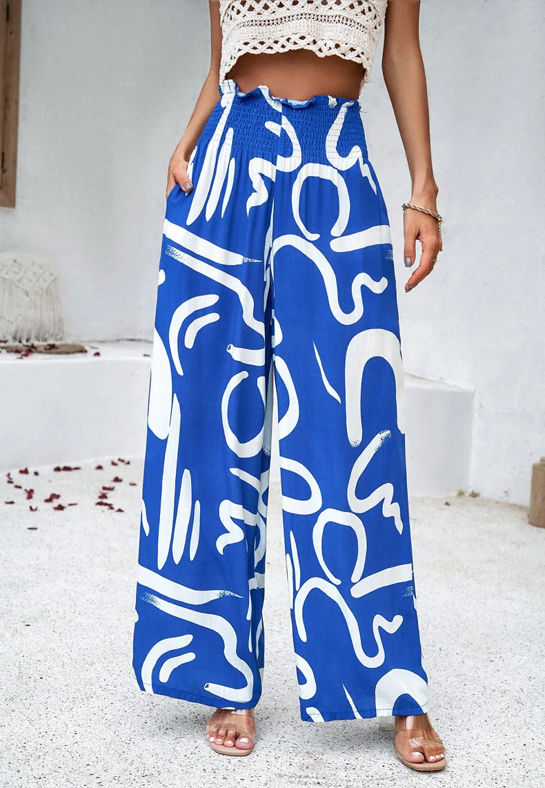 Print Floral Casual Pants Fashion Women Office Sweet High Waist Wide Leg Long Pants New 2024 Holiday Loose Trousers