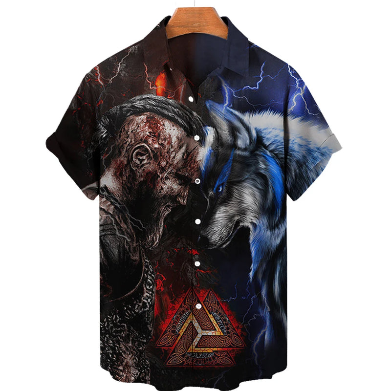 Summer Men's Hawaiian Shirt Fashion Ocean Adventure Viking Print Oversized Shirt O Neck Short Sleeve Shirt