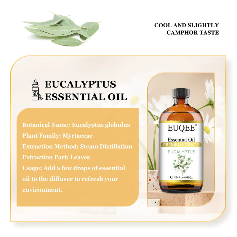 EUQEE 118ML Large Bottle Essential Oil For Humidifier Neroli Helichrysum Eucalyptus Jasmine Aroma Oil,DIY Soap,Massage,Fresh Air