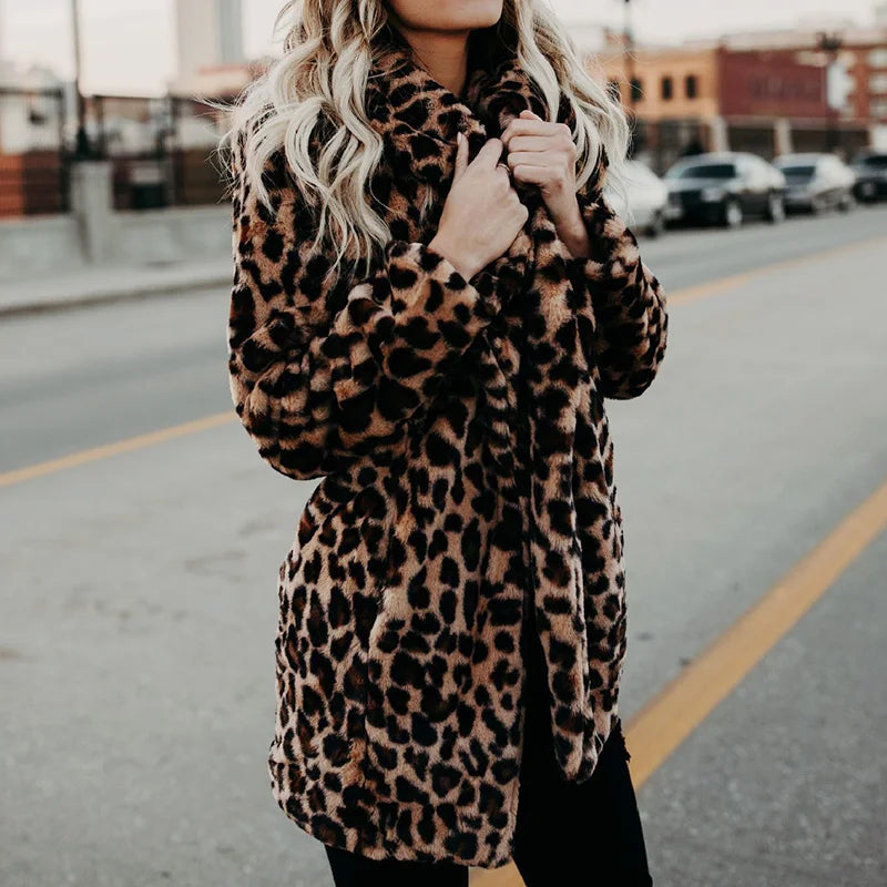 Faux Fur Coat Women New Winter Fashion Leopard Print Outerwear Warm Long Sleeve Artificial Fur Jacket Plush Clothing S-5XL