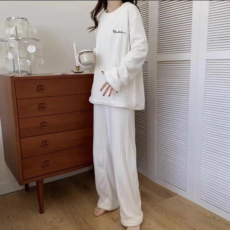 Women Velvet Pajama Set Fleecing Warm Loose Top And Elastic Waist Pants Home Casual Warm Woolen Suit Women 2023 Autumn Winter