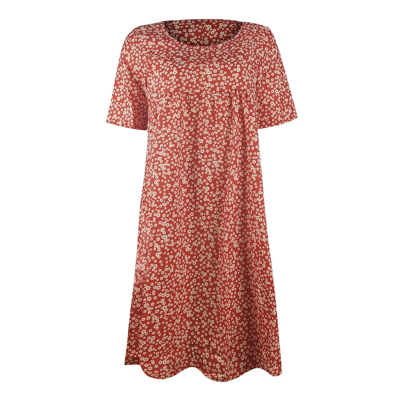 Women's Printed Floral Round Neck Pocket Short Sleeve Casual Fashion Dress