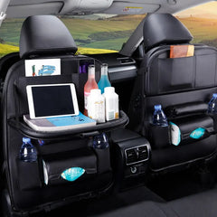 Premium PU Leather Car Seat Back Organizer with Foldable Table Tray – Multi-Pocket Storage & Kick Mat Protection