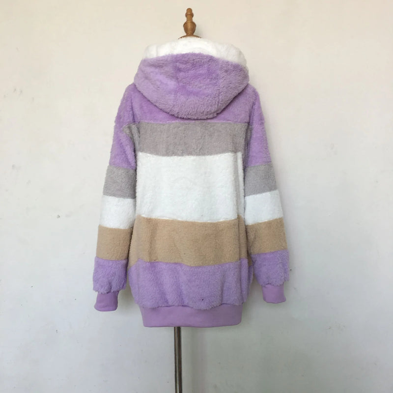 Oversized Jacket for Women 2025 New Autumn Winter Warm Plush Pocket Hooded Streetwear Loose Lady Outerwear Coat Roupas Feminina