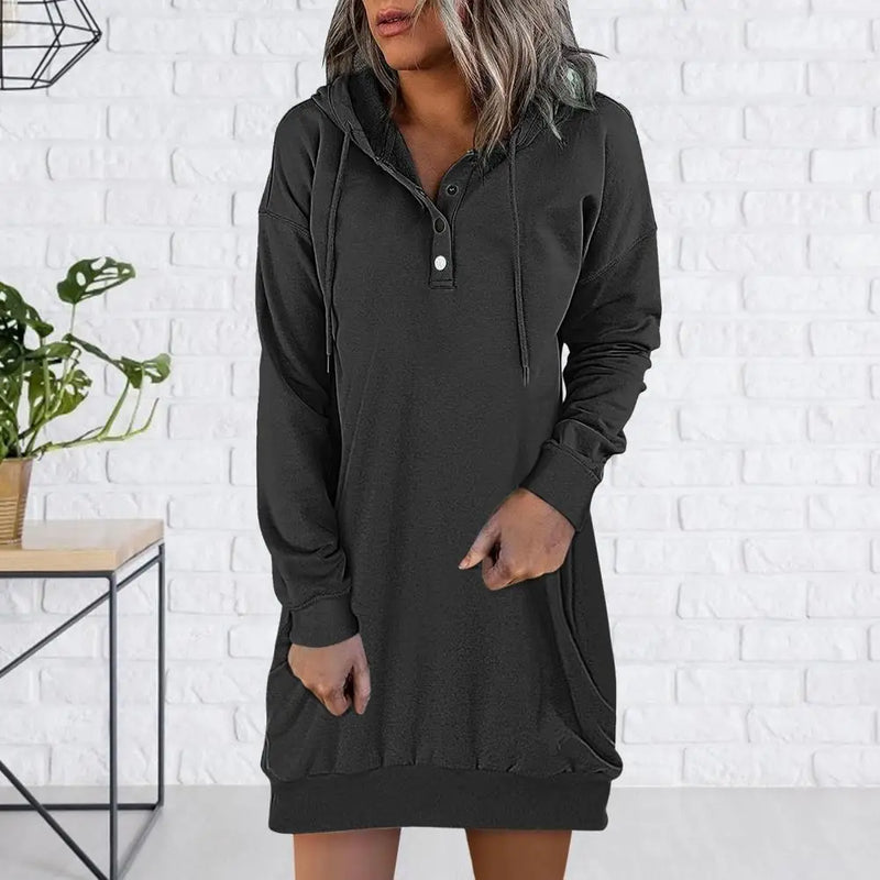 Women's Casual Hooded Dress Fall Long Sleeve Sweatshirt Button Down Neck Drawstring Pullovers Lightweight Hoodies Dress