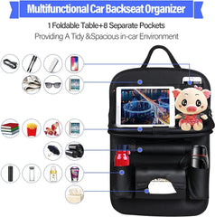 Premium PU Leather Car Seat Back Organizer with Foldable Table Tray – Multi-Pocket Storage & Kick Mat Protection
