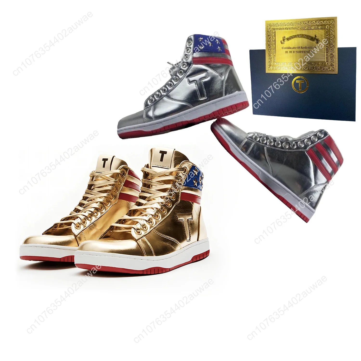 Trump 2024 NEVER SURRENDER Gold Sneakers – Premium Big Size Shiny Mirror Finish Men's MAGA Casual Streetwear Running Shoes