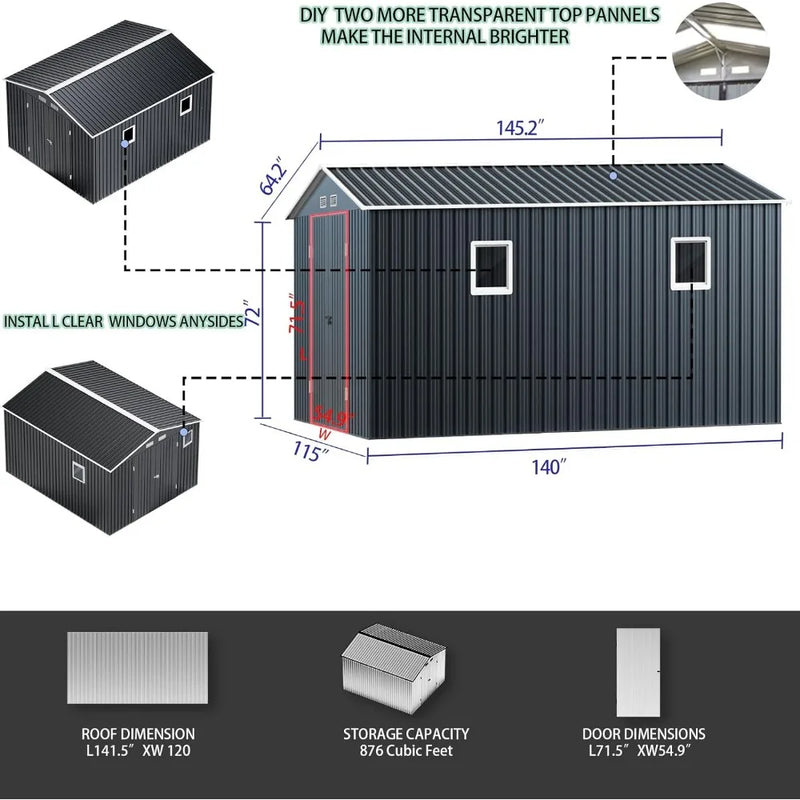 10X12X7.5 FT outdoor steel storage shed with lockable doors,perfect for garden, backyard, and terrace utilities and tool storage