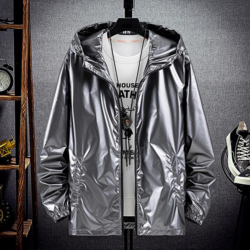 Men Hooded Jacket Zipper Solid Fashion Bright Black Silver Color Hoodies Waterproof Spring Autumn Elastic Cuff Coat Streetwear