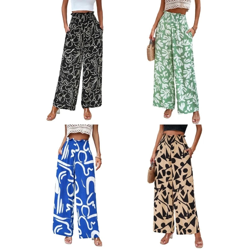 Women's Floral High Waist Wide Leg Pants Bohemian Summer Beach Palazzo Pants Trendy Long Trousers with Pockets