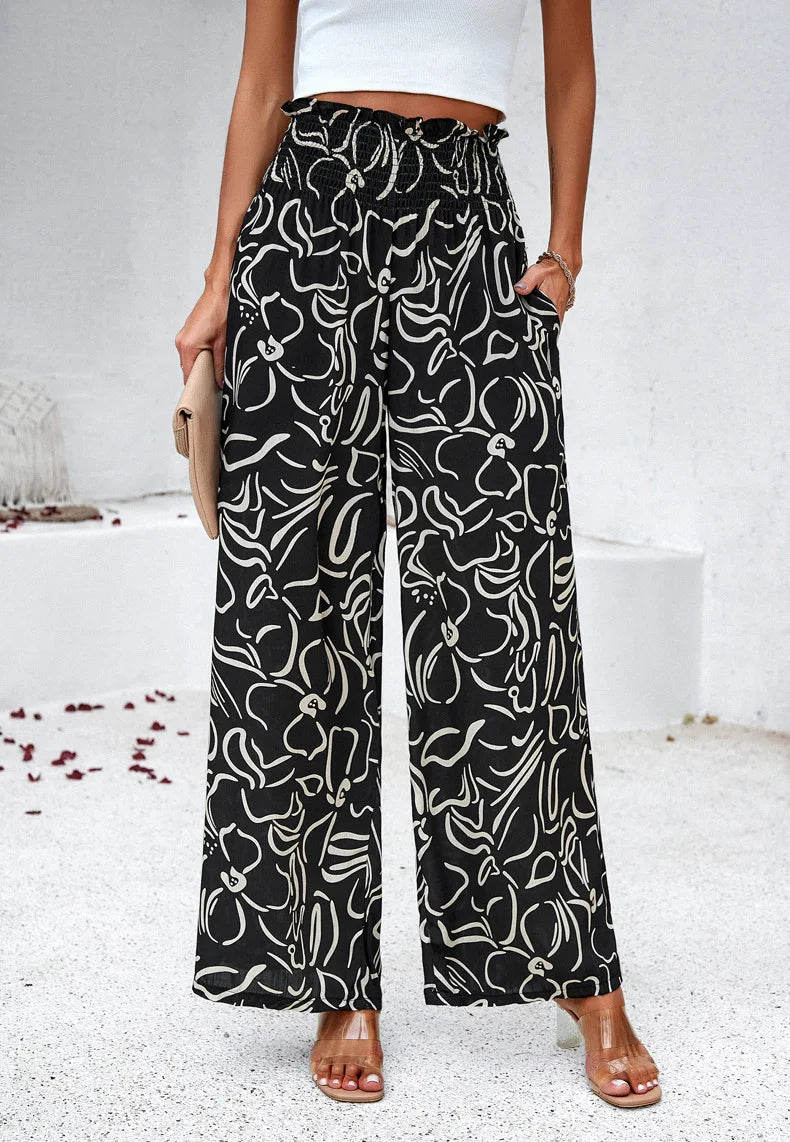 Print Floral Casual Pants Fashion Women Office Sweet High Waist Wide Leg Long Pants New 2024 Holiday Loose Trousers