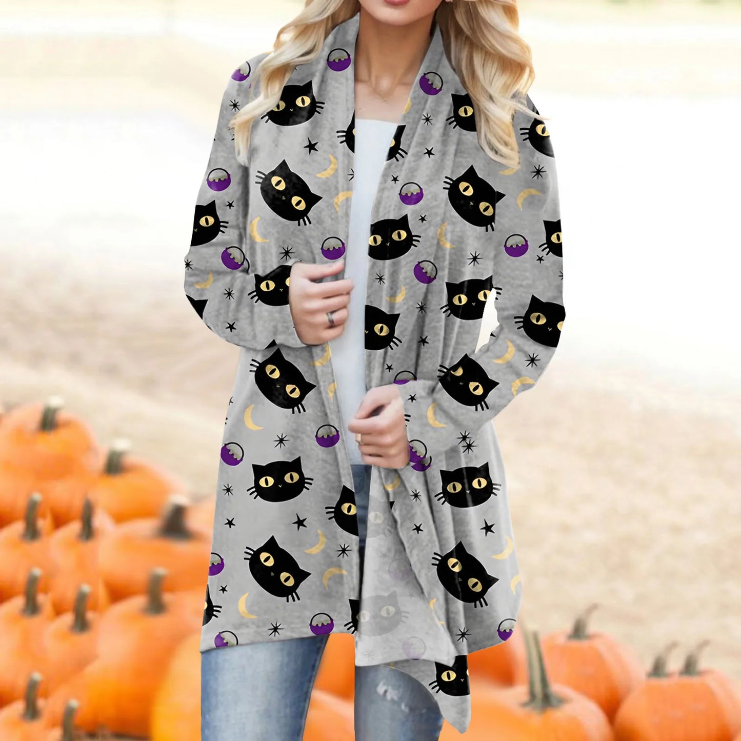 Women‘s Cardigan Fashion Halloween Print Western Ethnic Jacket Long Sleeve Coat Female Autumn Winter Plus Size Clothes