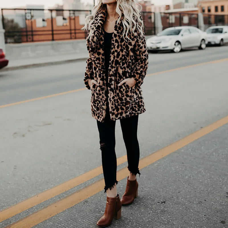 Faux Fur Coat Women New Winter Fashion Leopard Print Outerwear Warm Long Sleeve Artificial Fur Jacket Plush Clothing S-5XL