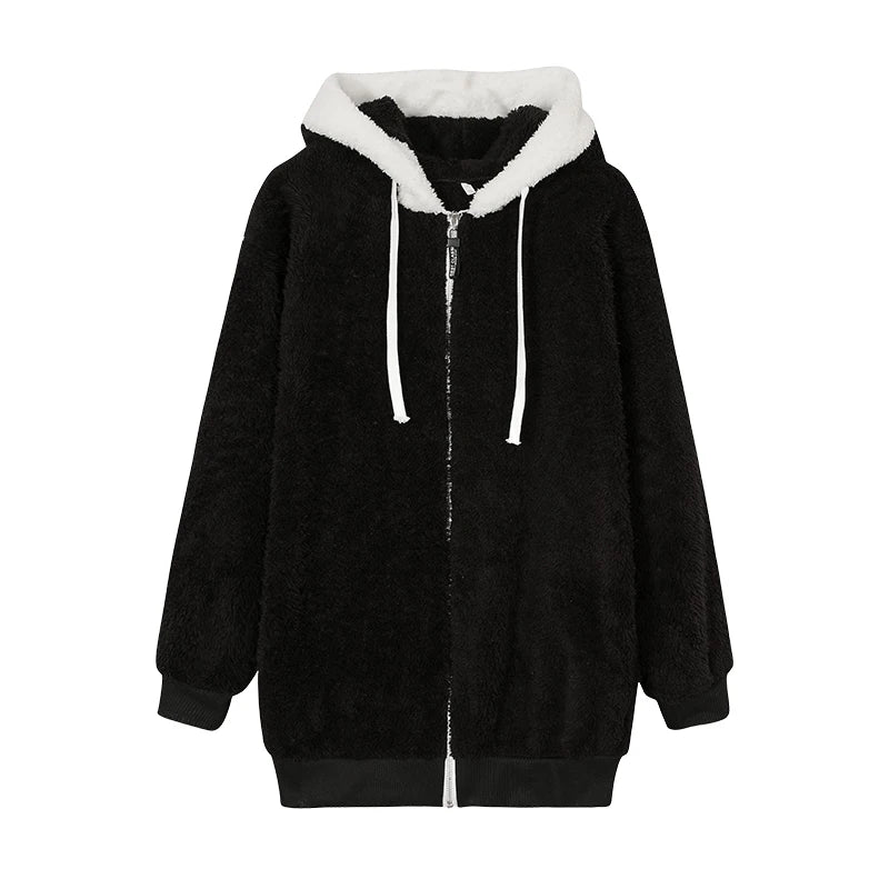 Autumn And Winter Loose Plush Zipper Hooded Jacket Woman