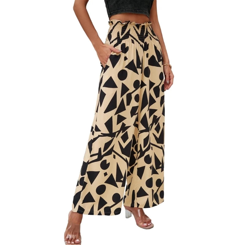 Women's Floral High Waist Wide Leg Pants Bohemian Summer Beach Palazzo Pants Trendy Long Trousers with Pockets