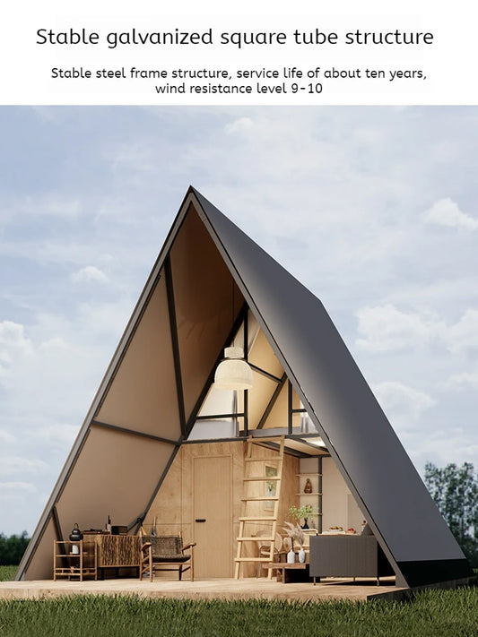 Triangular Double-Layer Oxford Tent – 2-Story Luxury Villa Cabin with Galvanized Frame | Rainproof & Anti-Light Glamping Tent for Outdoor Camping