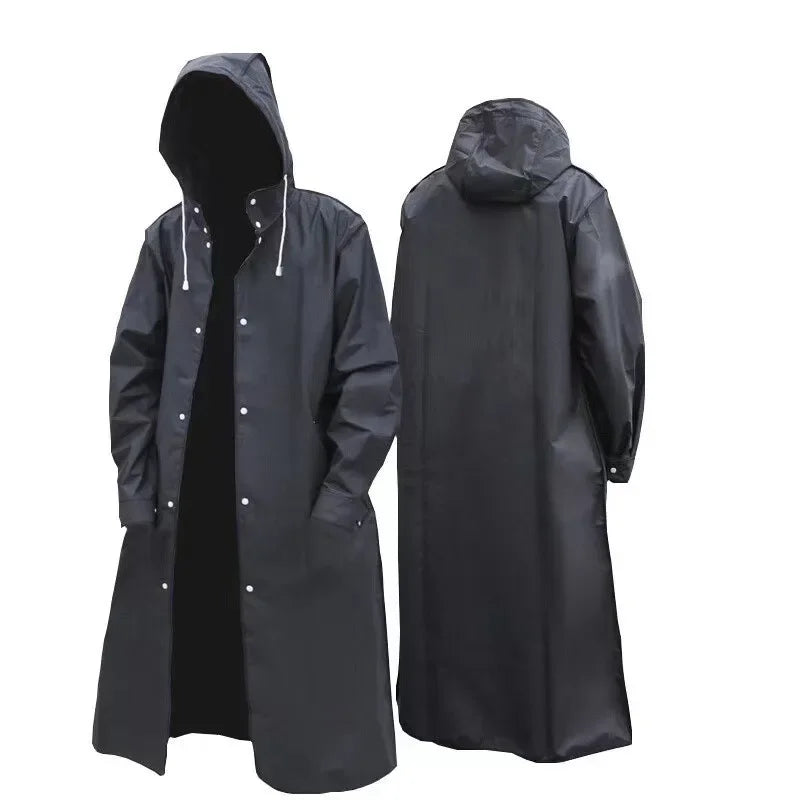 Black Fashion Adult Waterproof Long Raincoat Ladies Men Raincoat Hooded Outdoor Hiking Trip Fishing Mountaineering