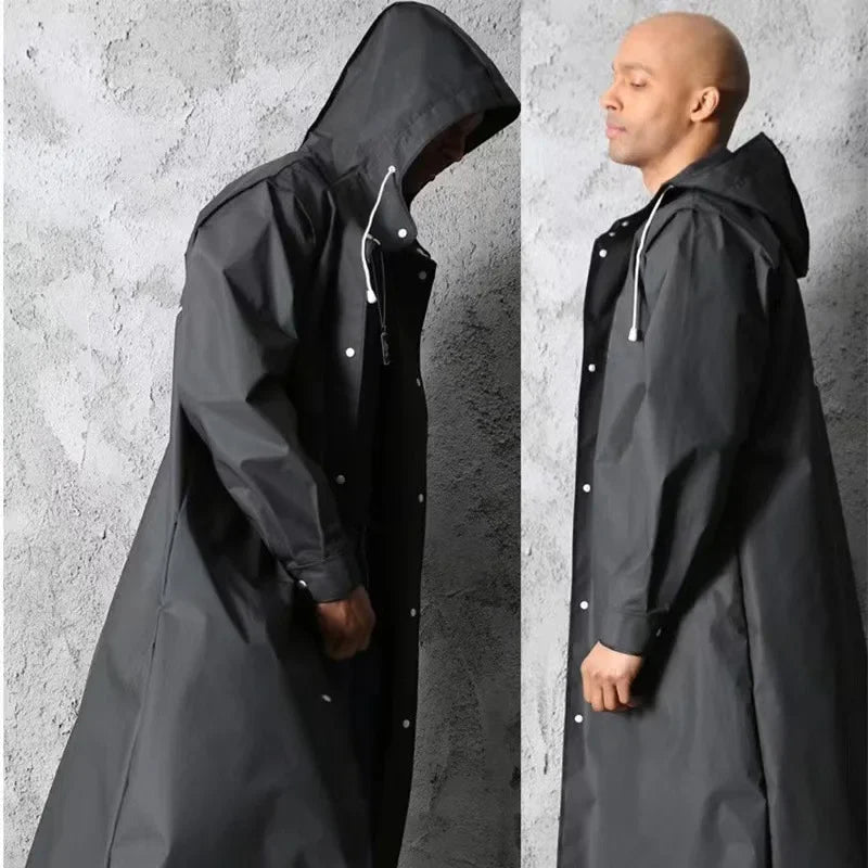 Black Fashion Adult Waterproof Long Raincoat Ladies Men Raincoat Hooded Outdoor Hiking Trip Fishing Mountaineering