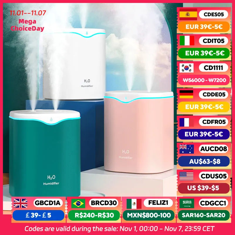 2000ml Large Capacity Dual Spray Humidifier Usb Home Silent Water Replenisher 2L Air Purifier Water Diffuser Office