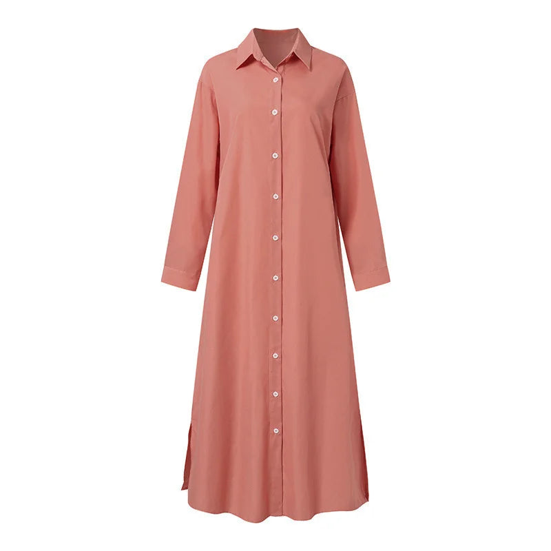 Women Cotton Linen Shirt Long Dress Casual Long Sleeve Open Shirt Skirt Comfortable Korean Style