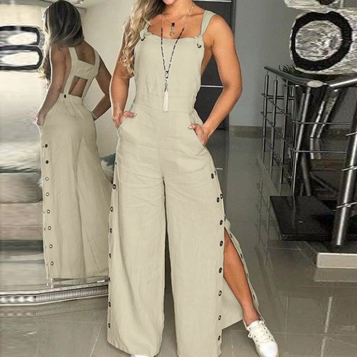 Ladies Sexy Romper Jumpsuit 2024 Summer Sleeveless Twisted Knot Cotton Strappy Pants Button Openings Fashion Women Jumpsuits