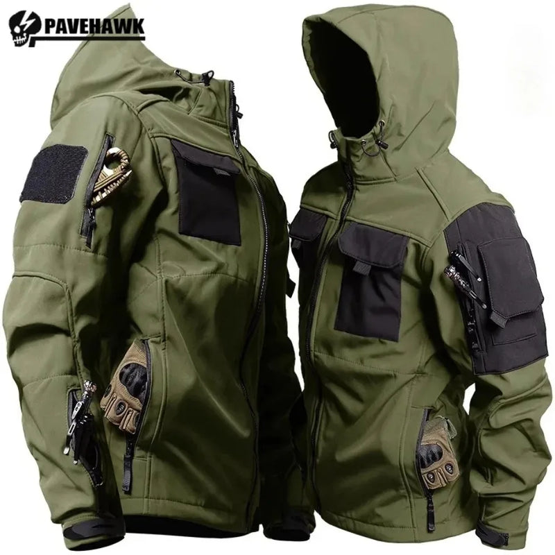 Tactical Hooded Jackets Men Thicken Soft Shell Waterproof Windproof Mens Coat Outdoor Hiking Safari Multi-pocket Fleece Outwear