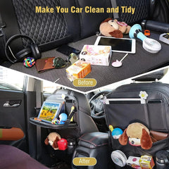 Premium PU Leather Car Seat Back Organizer with Foldable Table Tray – Multi-Pocket Storage & Kick Mat Protection