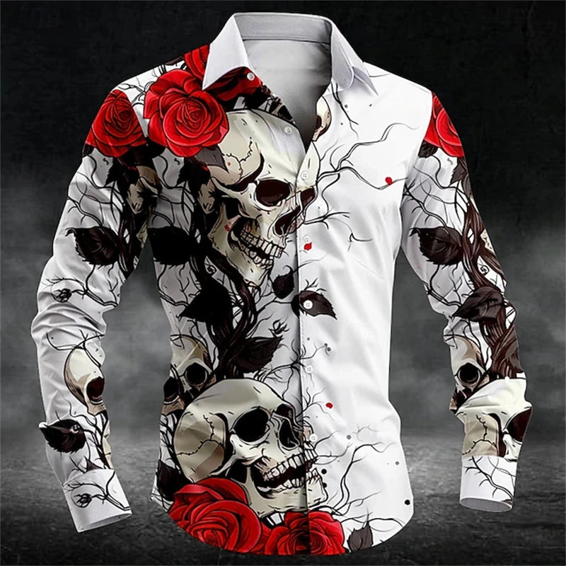 2024 New Men's Halloween Fashion Shirt 3D Devil Pumpkin Print Long Sleeve Halloween Street Buttoned Single Breasted Shirt S-5XL