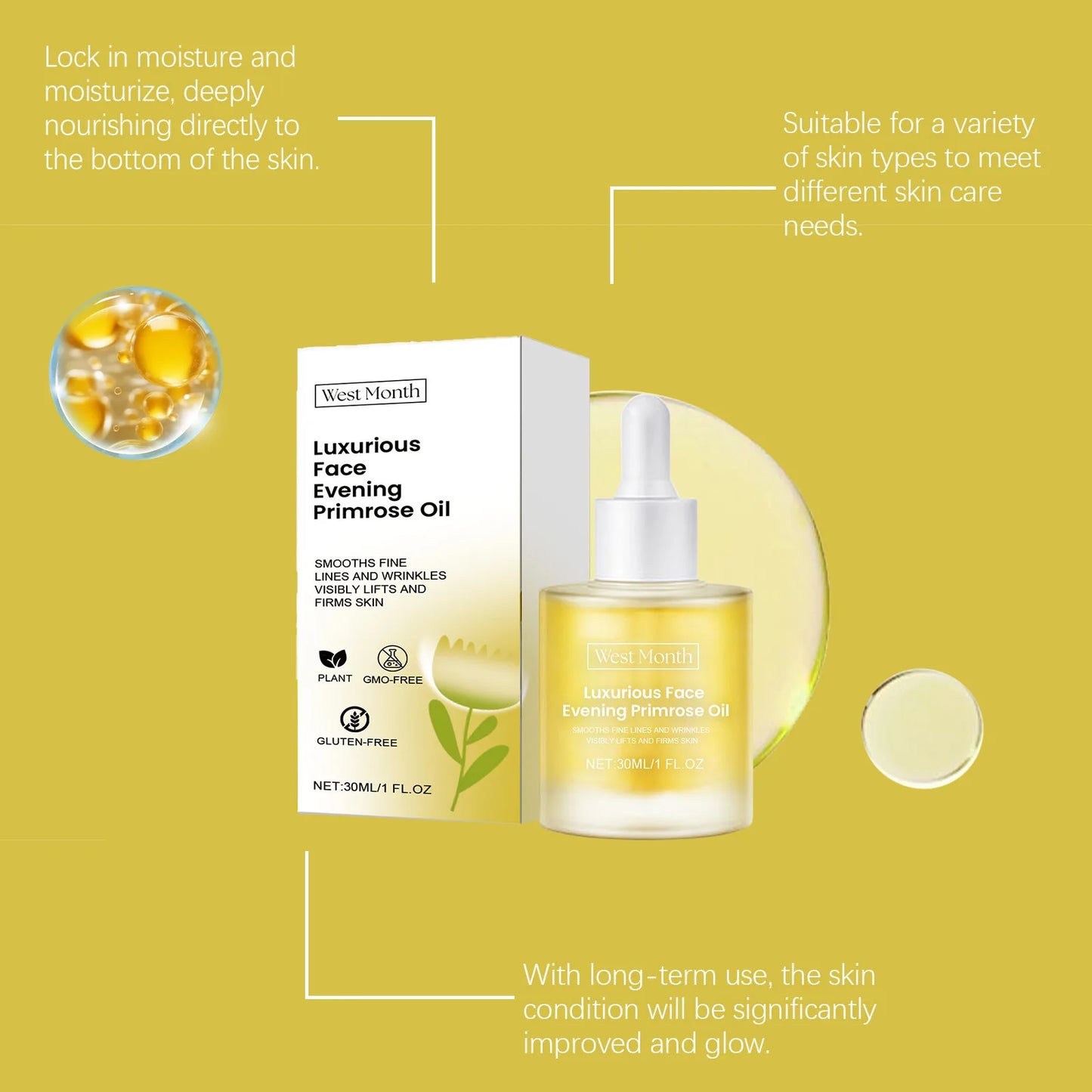 Evening Primrose Oil Deeply Nourishing Smooth Fine Lines Wri-nkles Removal Reduce Dryness Anti-Ag-ing Repairing Facial Essence