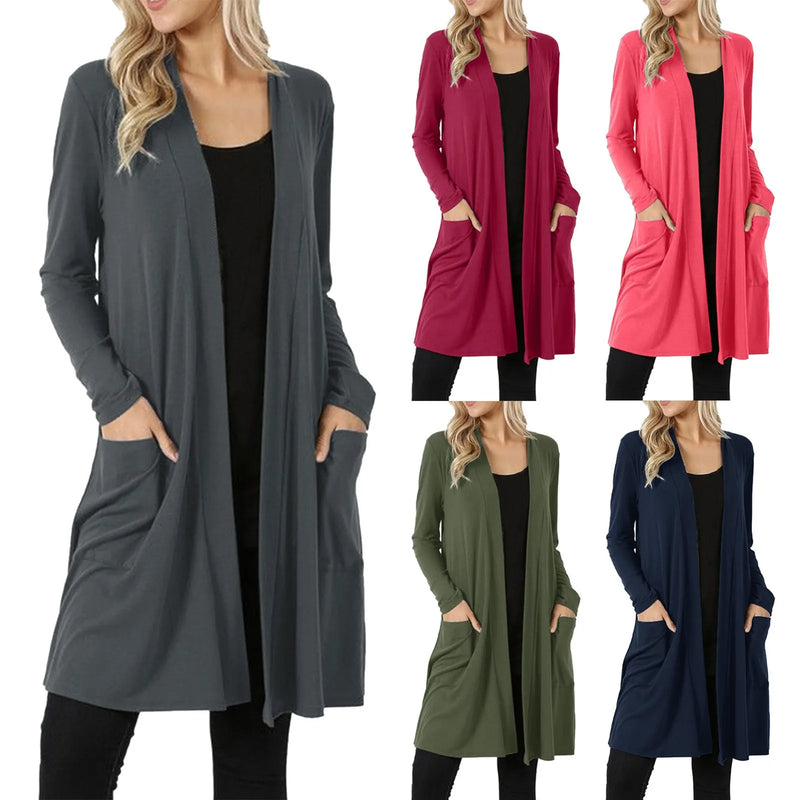 Autumn Women's Casual Solid Color Thin Open Front Sweater Jacket Simple Versatile Long Sleeve Knitted Cardigan With Pockets