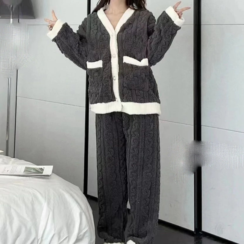 Women Velvet Pajama Set Fleecing Warm Loose Top And Elastic Waist Pants Home Casual Warm Woolen Suit Women 2023 Autumn Winter